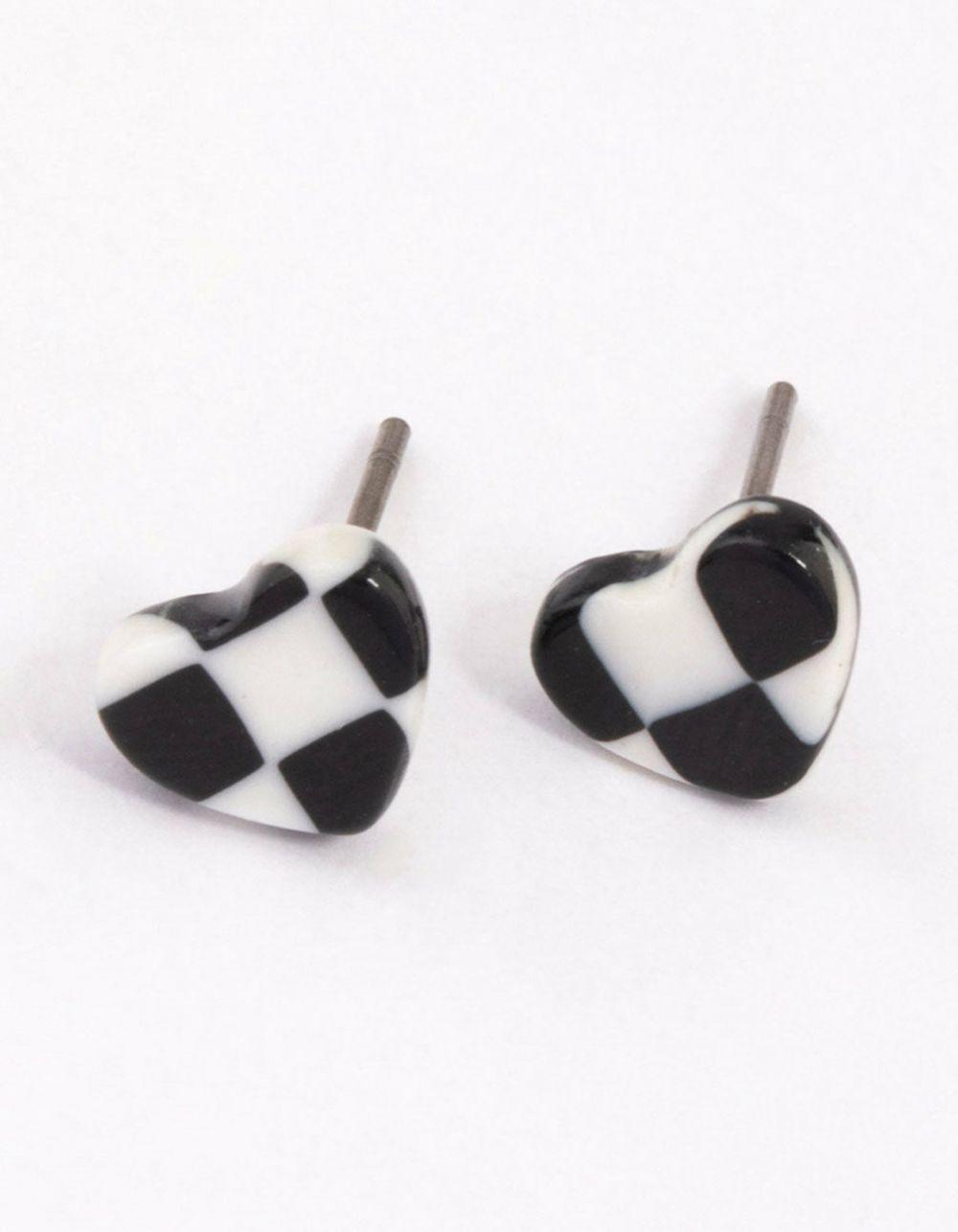 White & Black Check Heart Stud Earrings Earrings