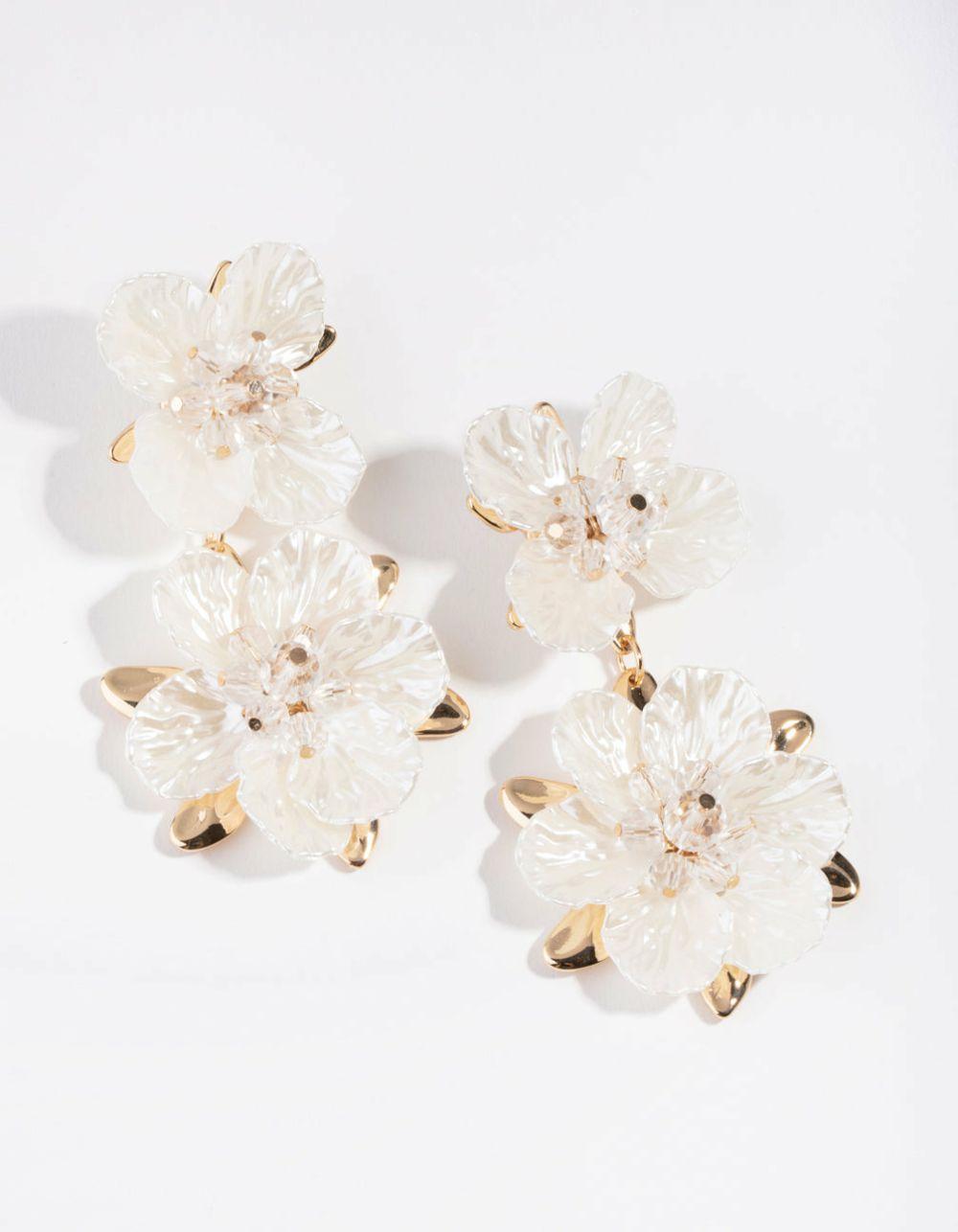 White Pearlised Flower Drop Earrings Drops & Dangles