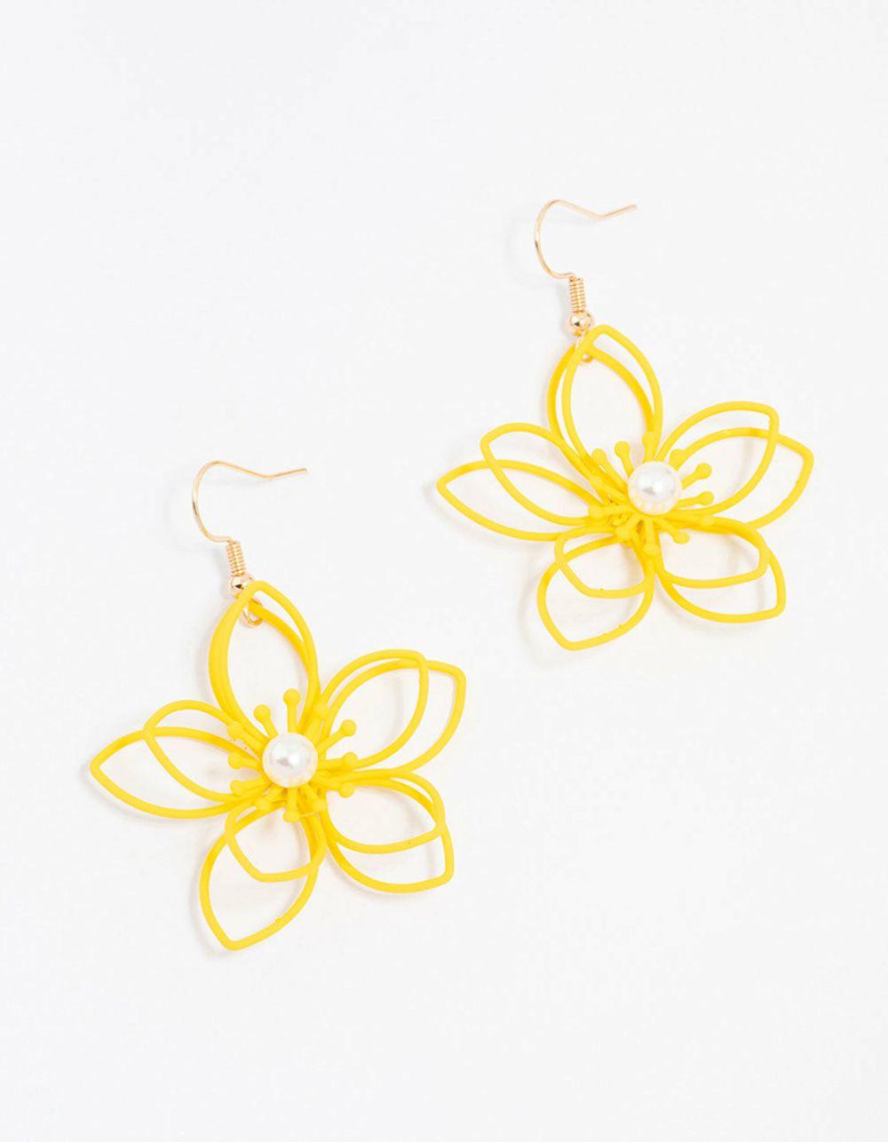 Yellow Gold Wire Pearl Flower Drop Earrings Drops & Dangles