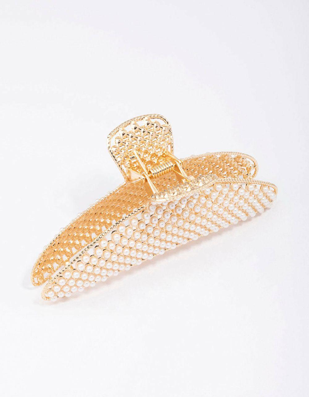 Gold Classic Pearl Hair Claw Clip Accessories