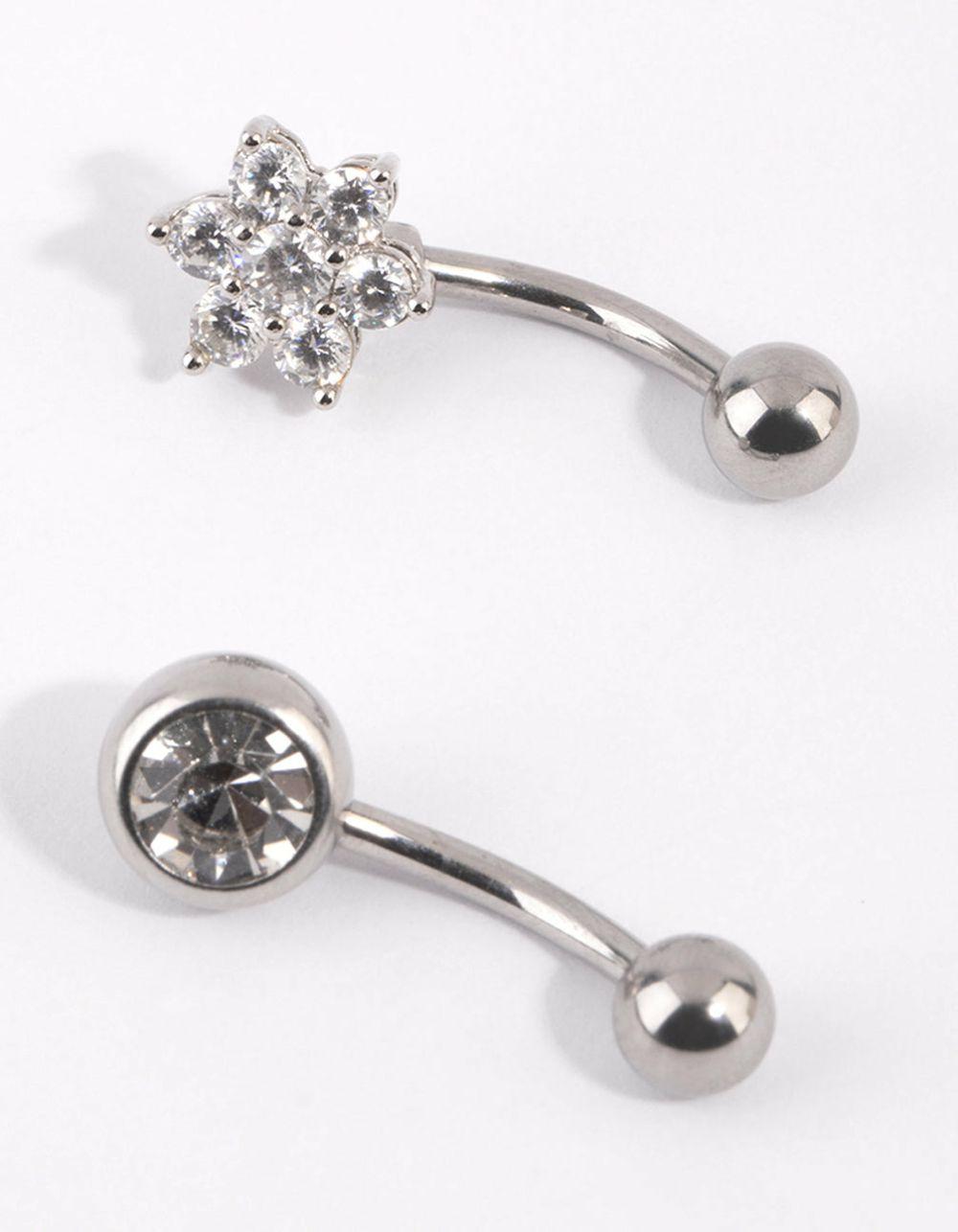 Surgical Steel Flower Diamante Belly Bar Set Belly Rings