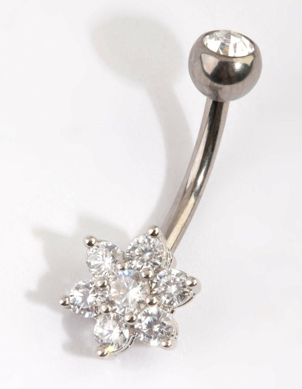 Titanium Diamante Flower Belly Bar Belly Rings