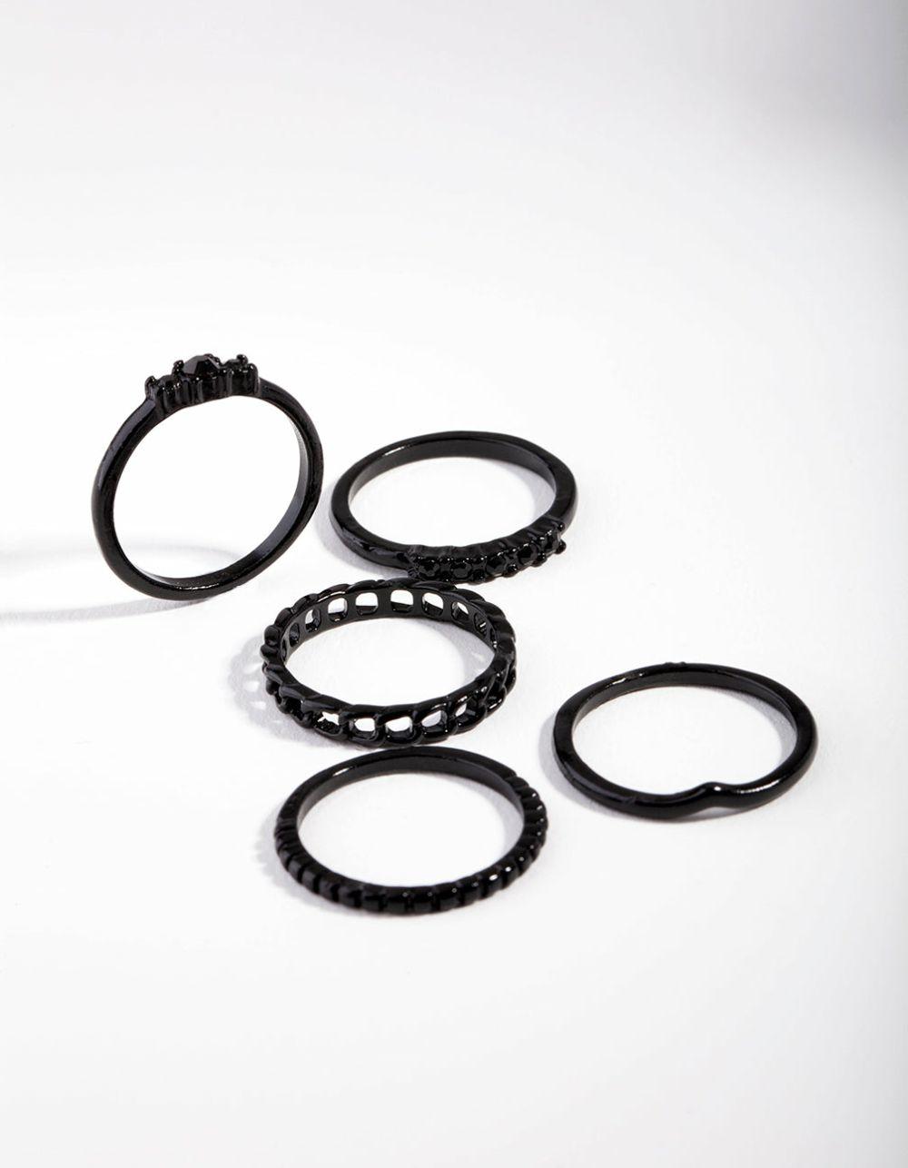 Black Diamante & Chain Ring 5-Pack Jewellery