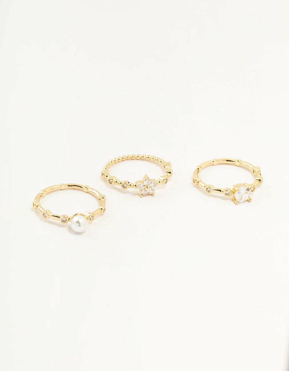 Gold Plated Bamboo Pearl Rings 3-Pack Jewellery