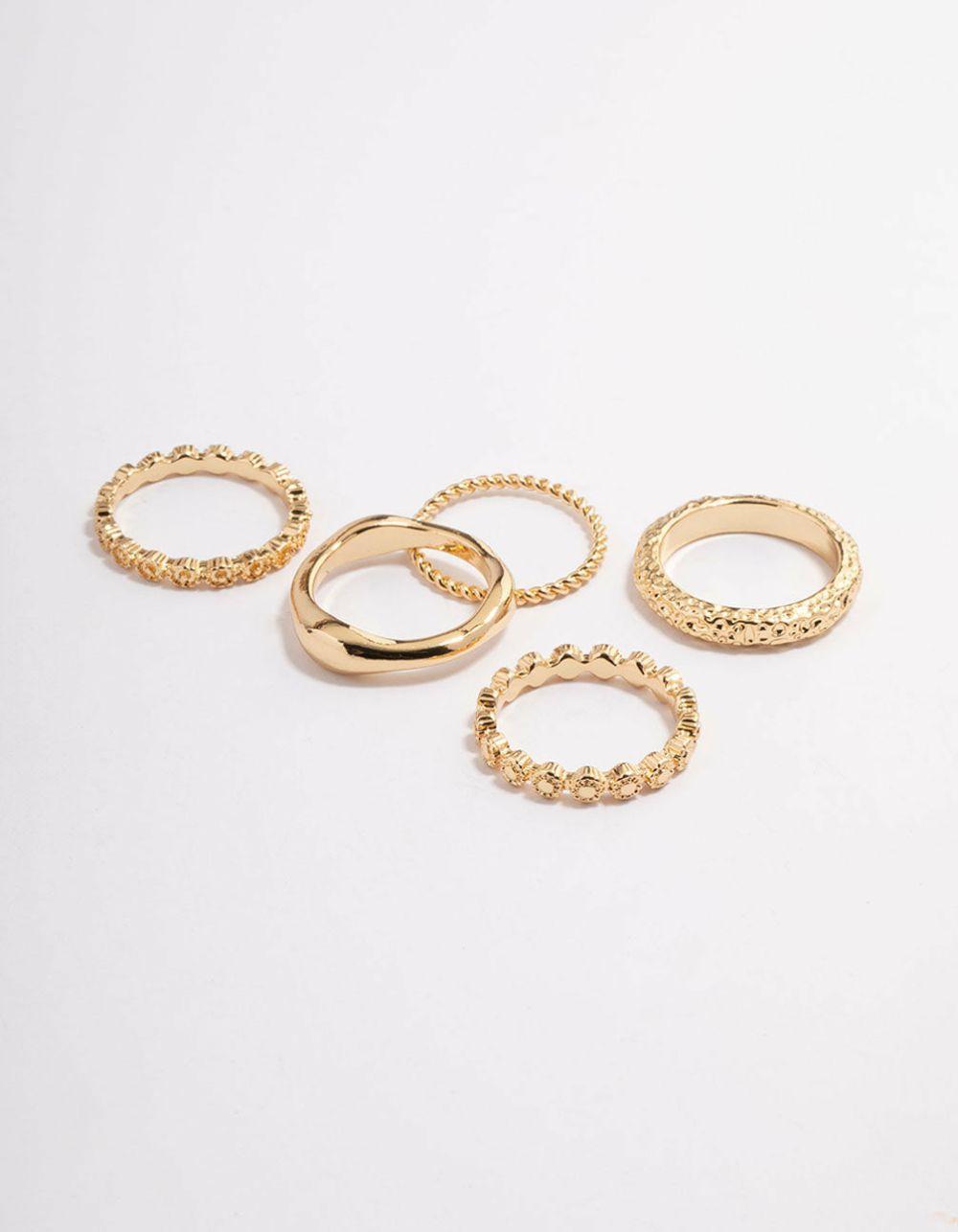 Gold Plated Molten Mixed Ring 5-Pack Jewellery