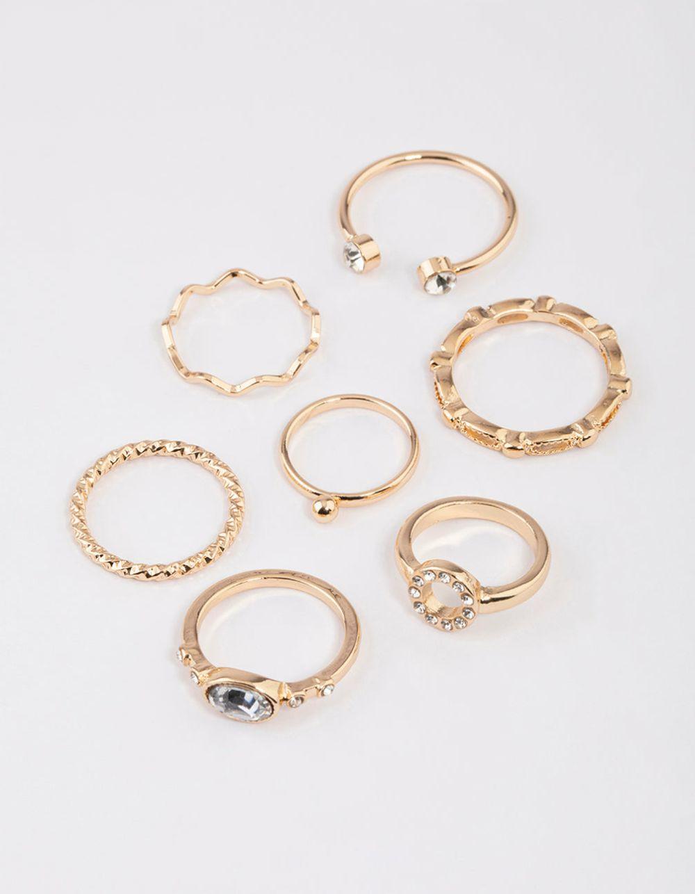 Gold Round Open Diamante Ring 7-Pack Jewellery