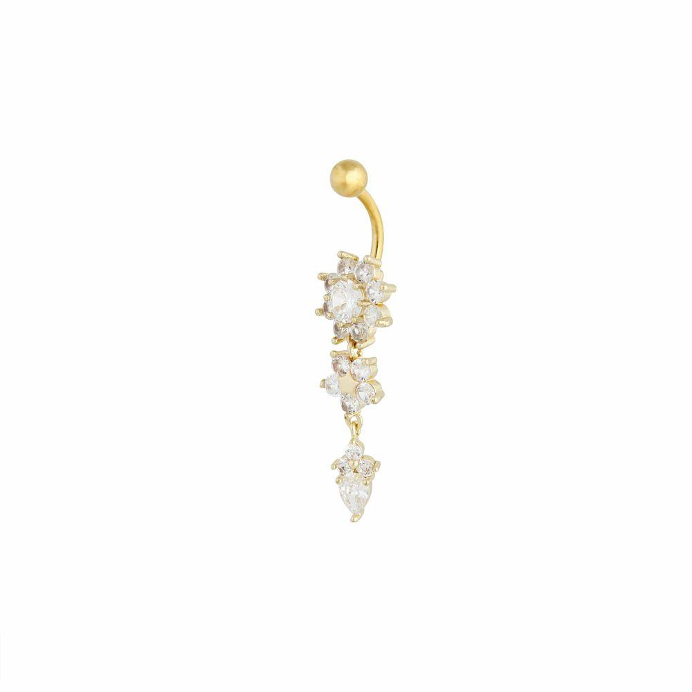 Gold Surgical Steel Cubic Zirconia Three Flower Belly Bar Belly Rings