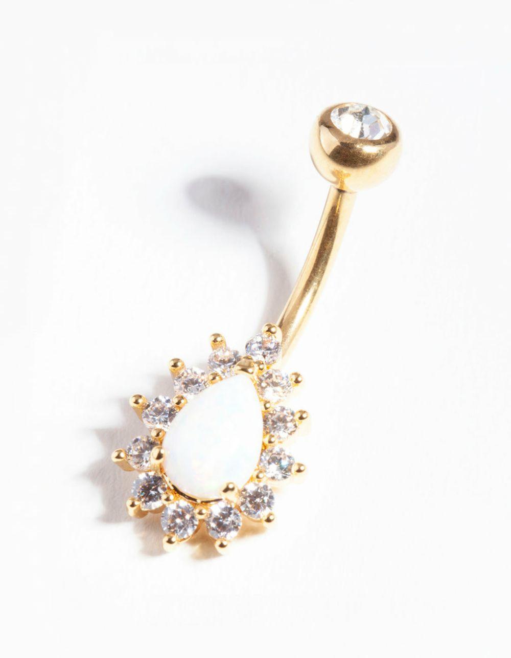 Gold Titanium Opal Diamante Belly Bar Belly Rings