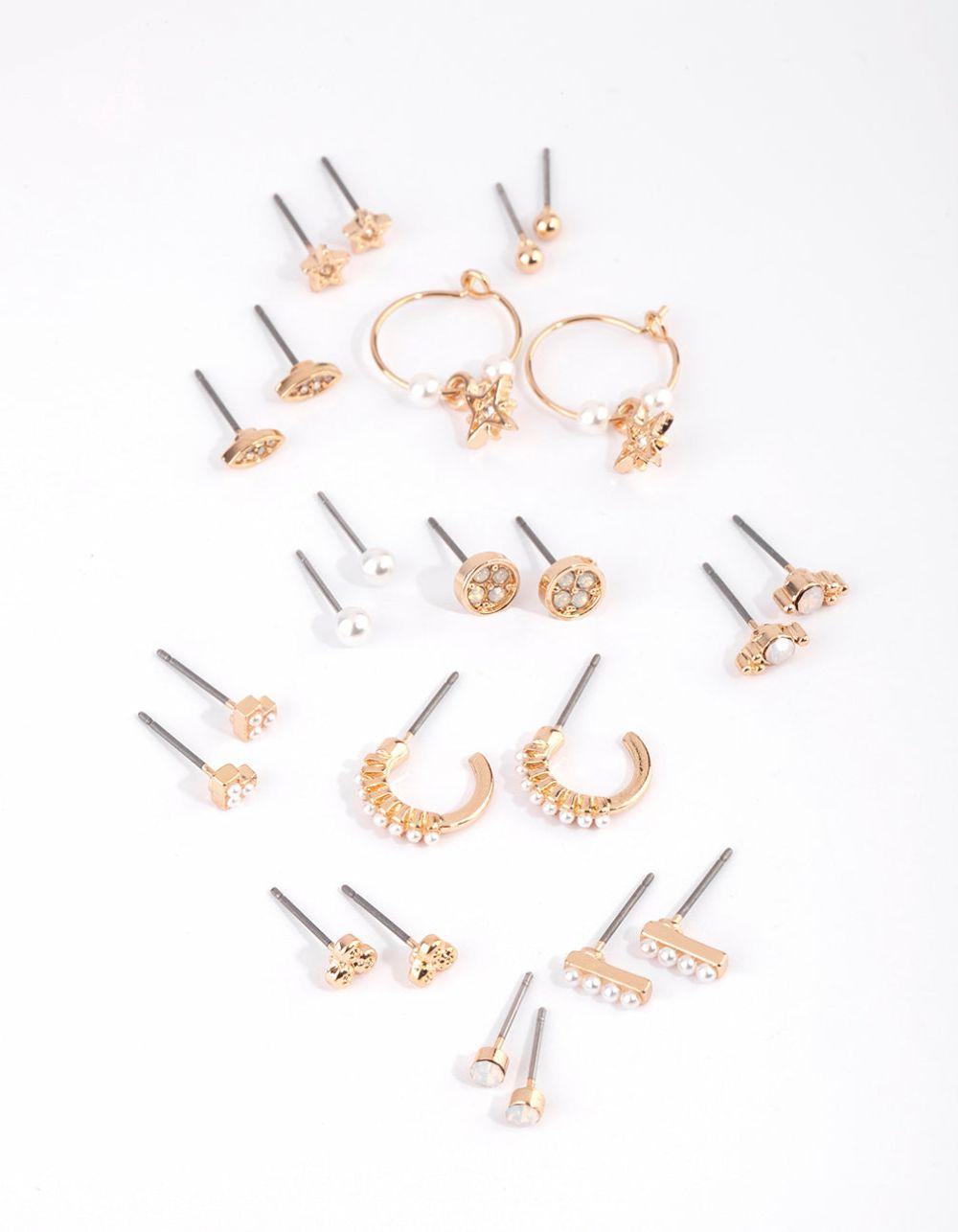 Gold Celestial Pearl Stud Earring 12-Pack Earring Stacks