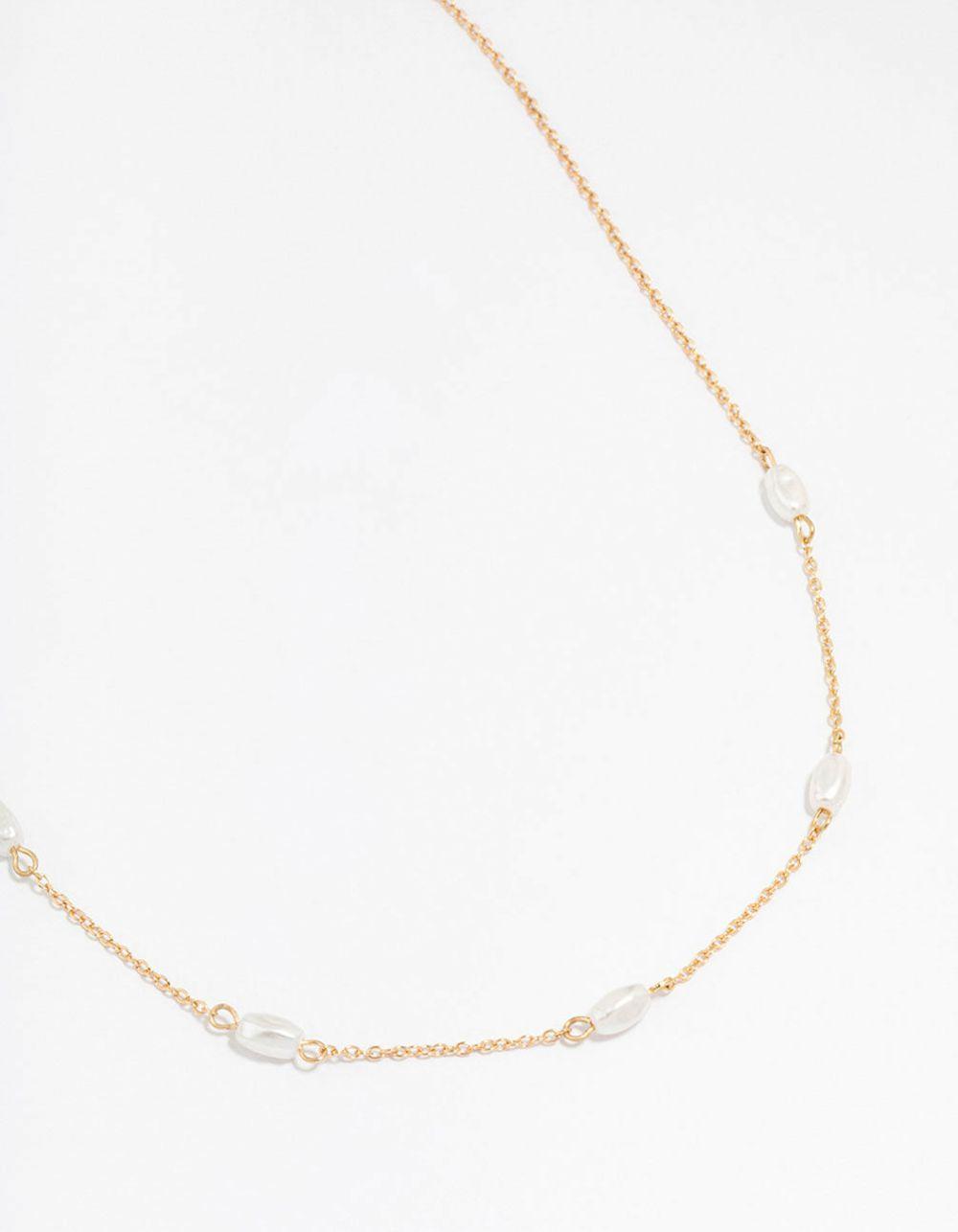 Gold Oval Pearl Station Necklace Jewellery