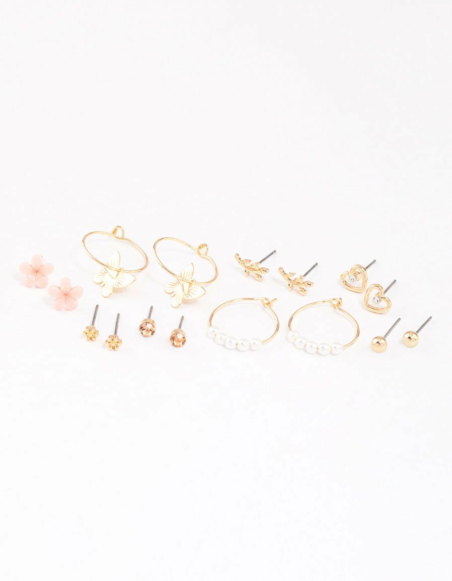 Gold Pearl Butterfly & Flower Earrings 8-Pack Earring Stacks