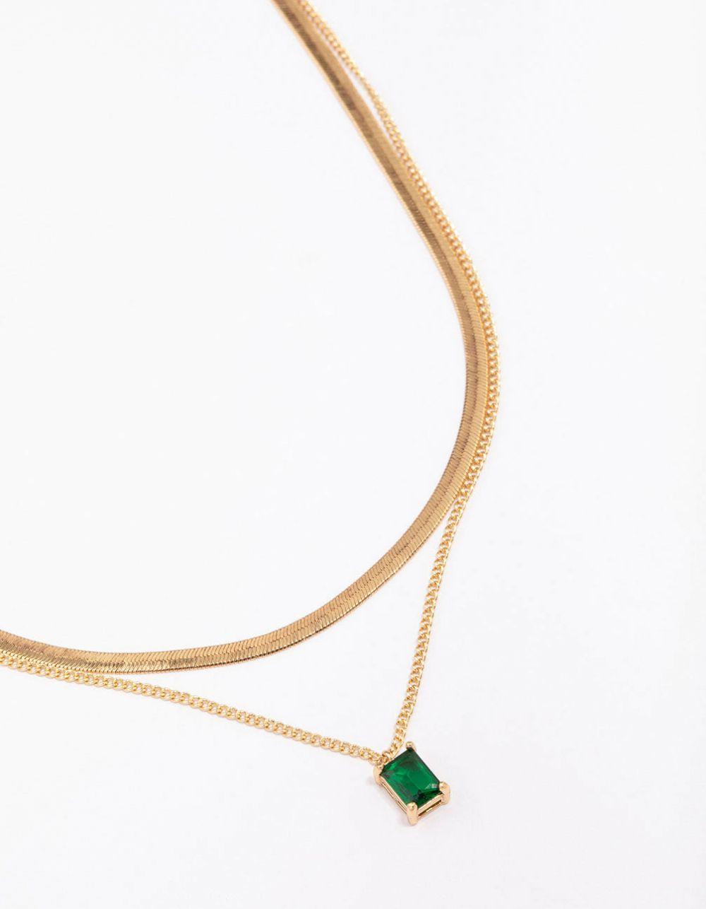 Gold Plated Baguette Snake Emerald Layered Necklace Jewellery