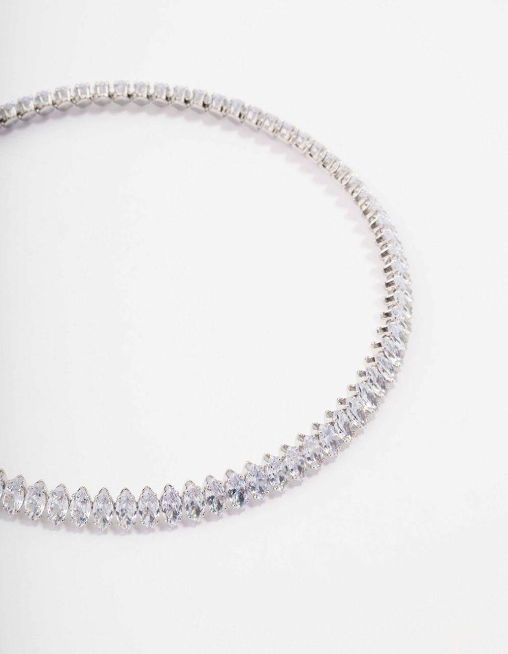 Rhodium Cubic Zirconia Navette Stone Choker Chokers