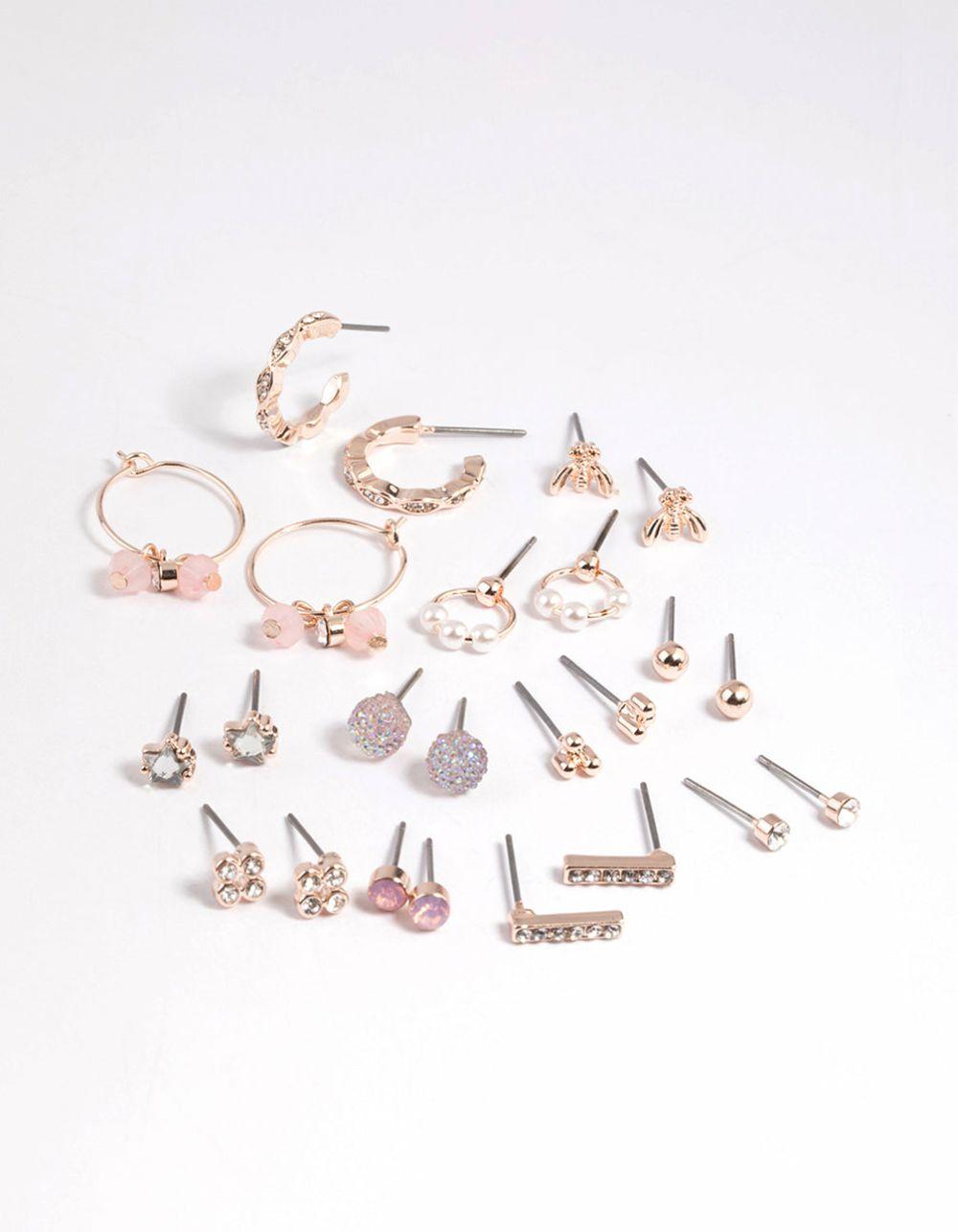 Rose Gold Bee & Diamante Stud Earring 12-Pack Earring Stacks