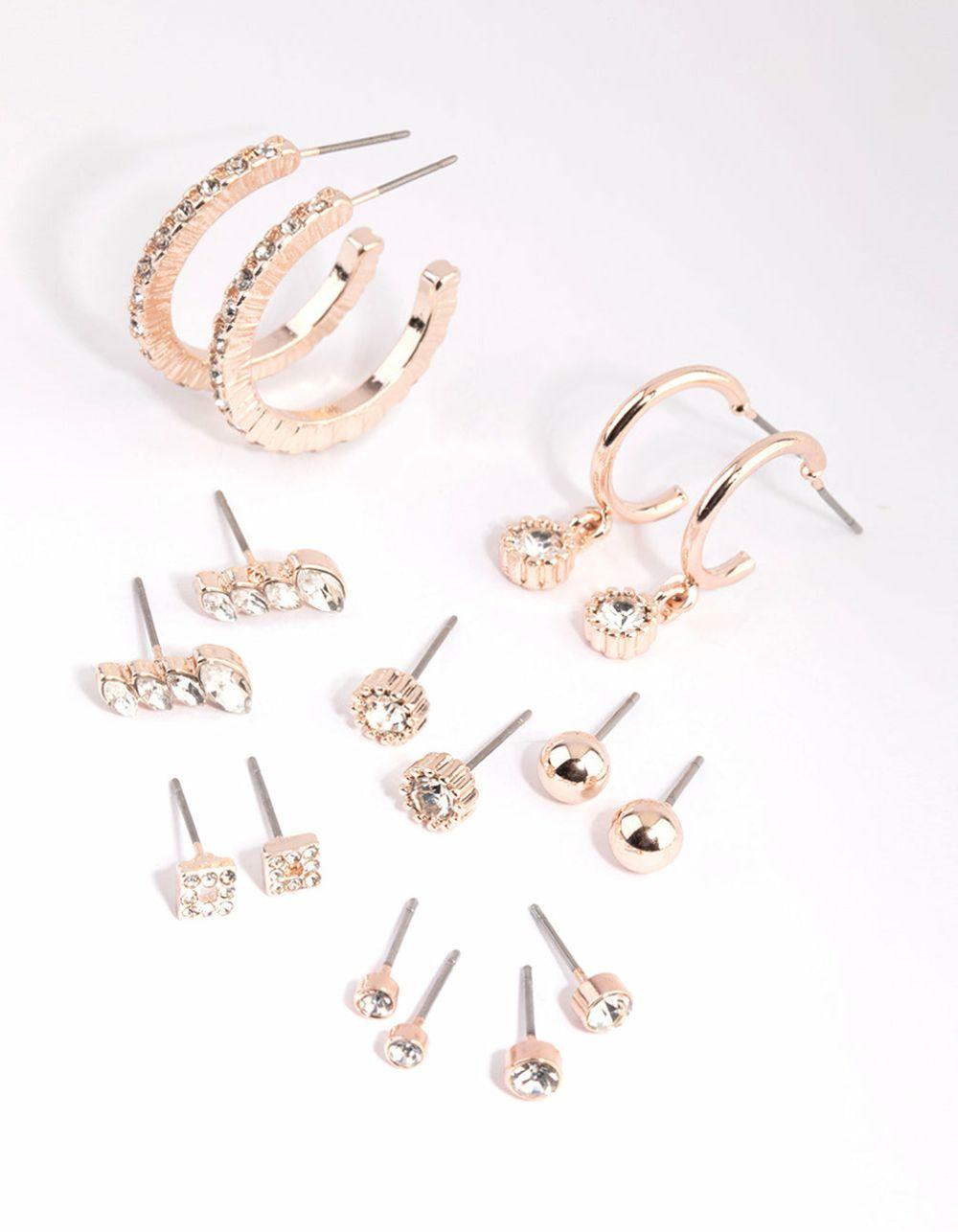 Rose Gold Plain Diamante Stud Earring Pack Earring Stacks