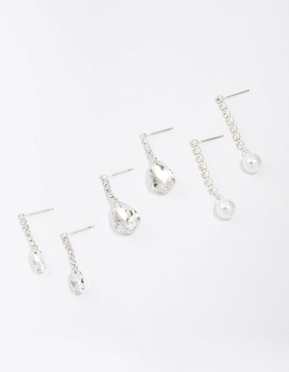 Silver Diamante Drop Earrings 3-Pack Earring Stacks