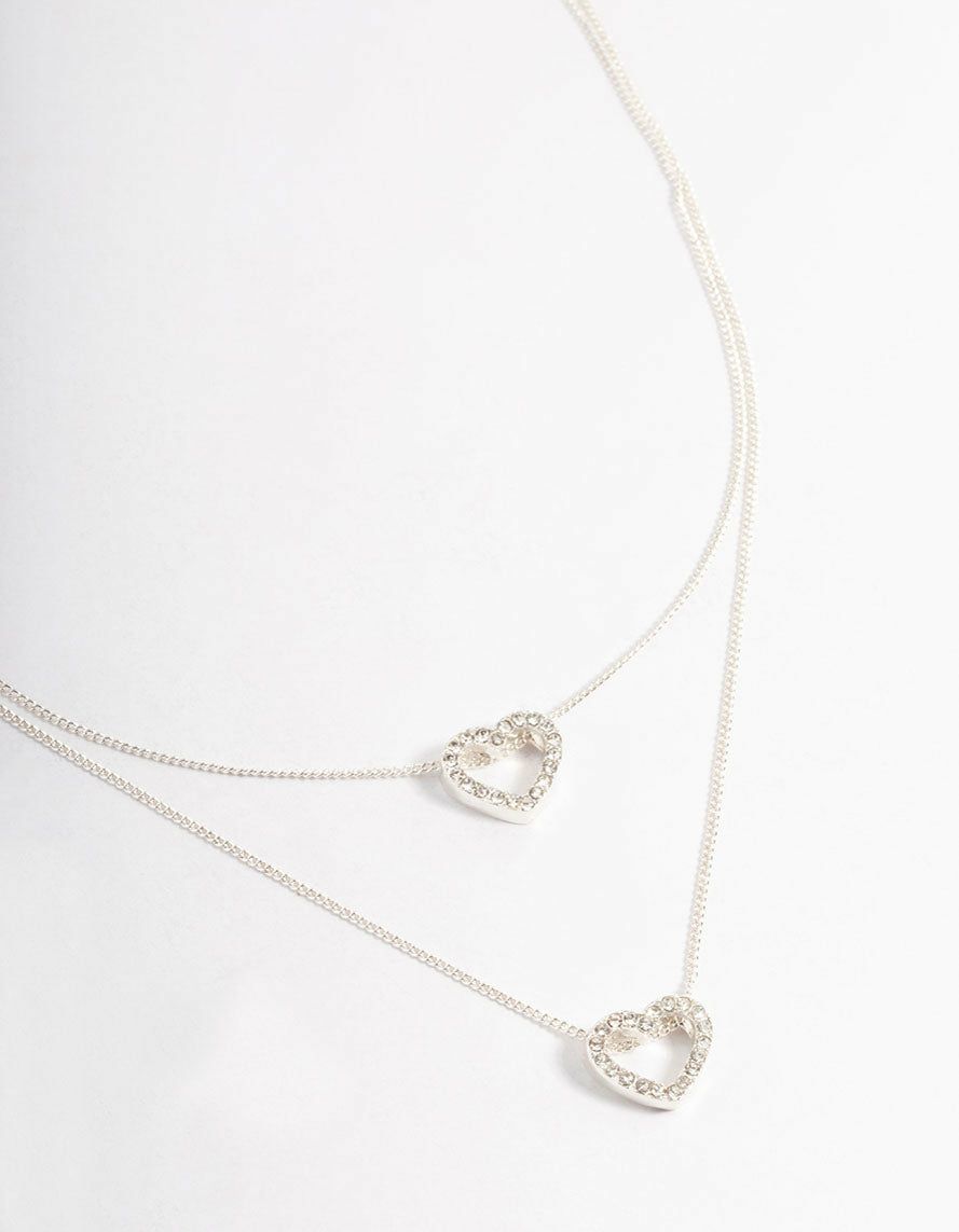 Silver Double Diamante Open Heart Necklace Jewellery